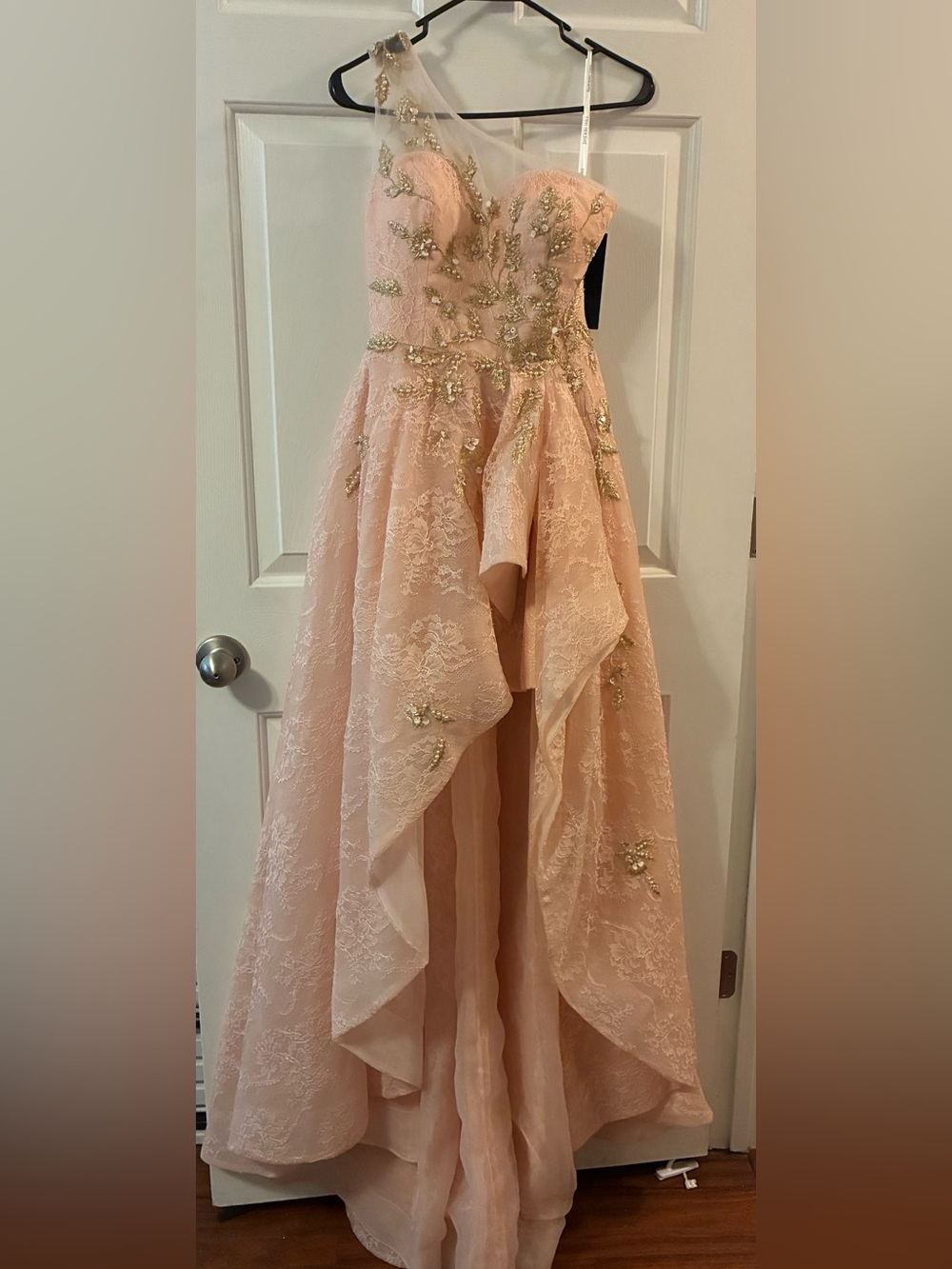 Sherri Hill Light Pink Lace High-Low Dress with Gold Sequin Embellishments